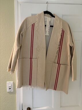 Open-Front Cream Cardigan with Red Stripe Detail